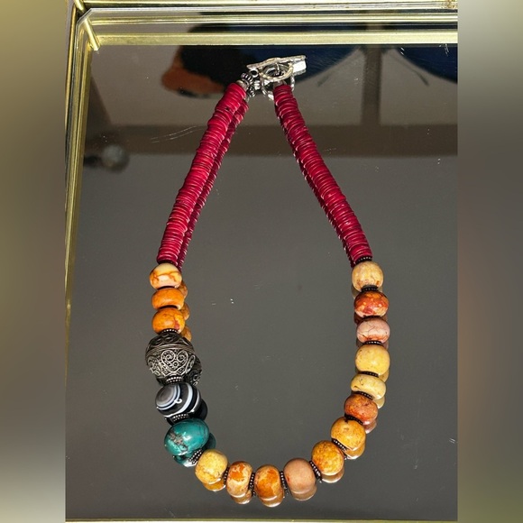 Jewelry - Handmade African beaded tribal choker necklace silver chunky onyx turquoise